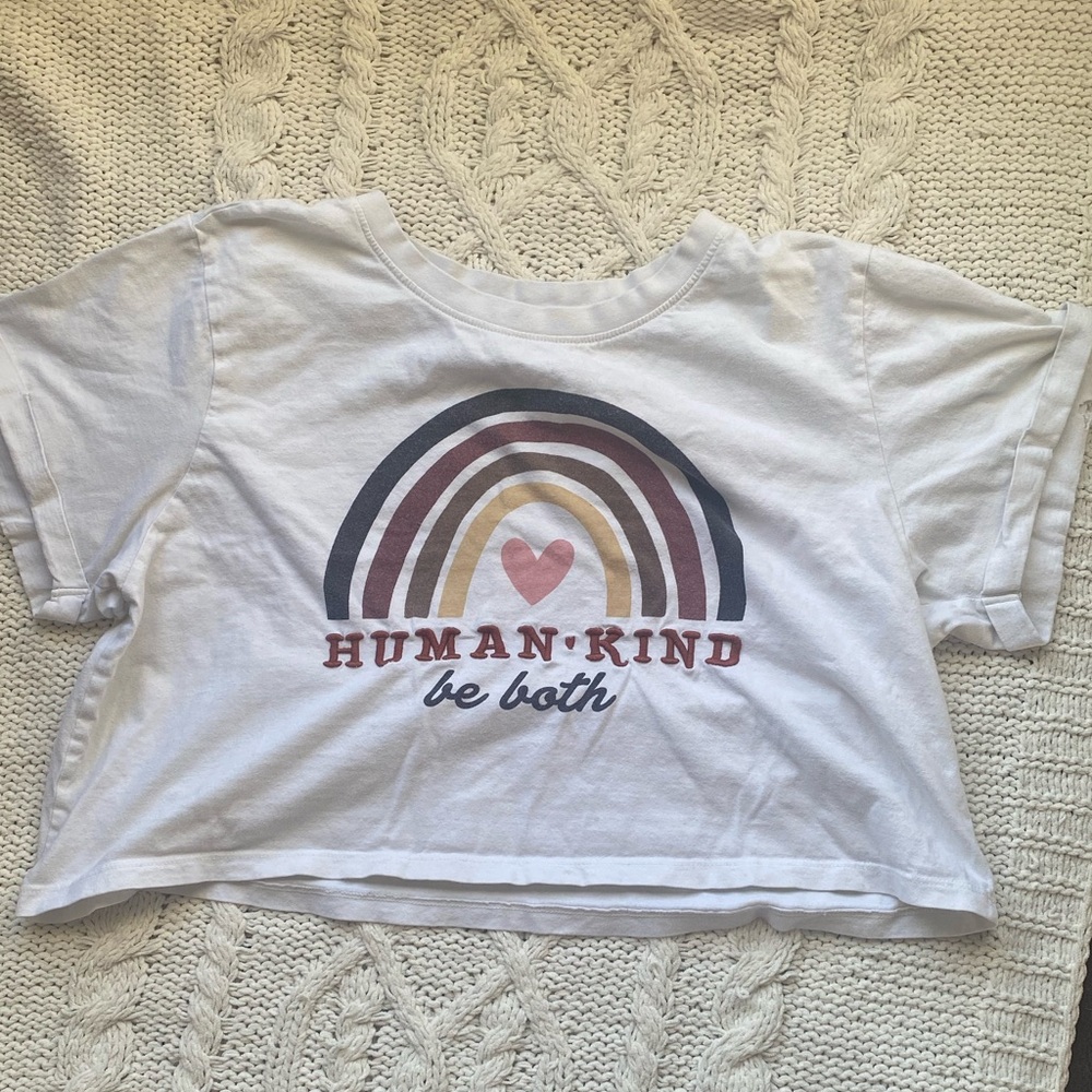 White Cropped T-Shirt with Rainbow Graphic